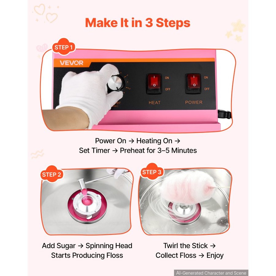 VEVOR Cotton Candy Machine Commercial 1000W Electric Candy Floss Maker Pink, Ideal for Home, Carnival, Birthday, Family Party, Easy Use with 52 cm Stainless Steel Bowl, Storage Tray and Sugar Scoop