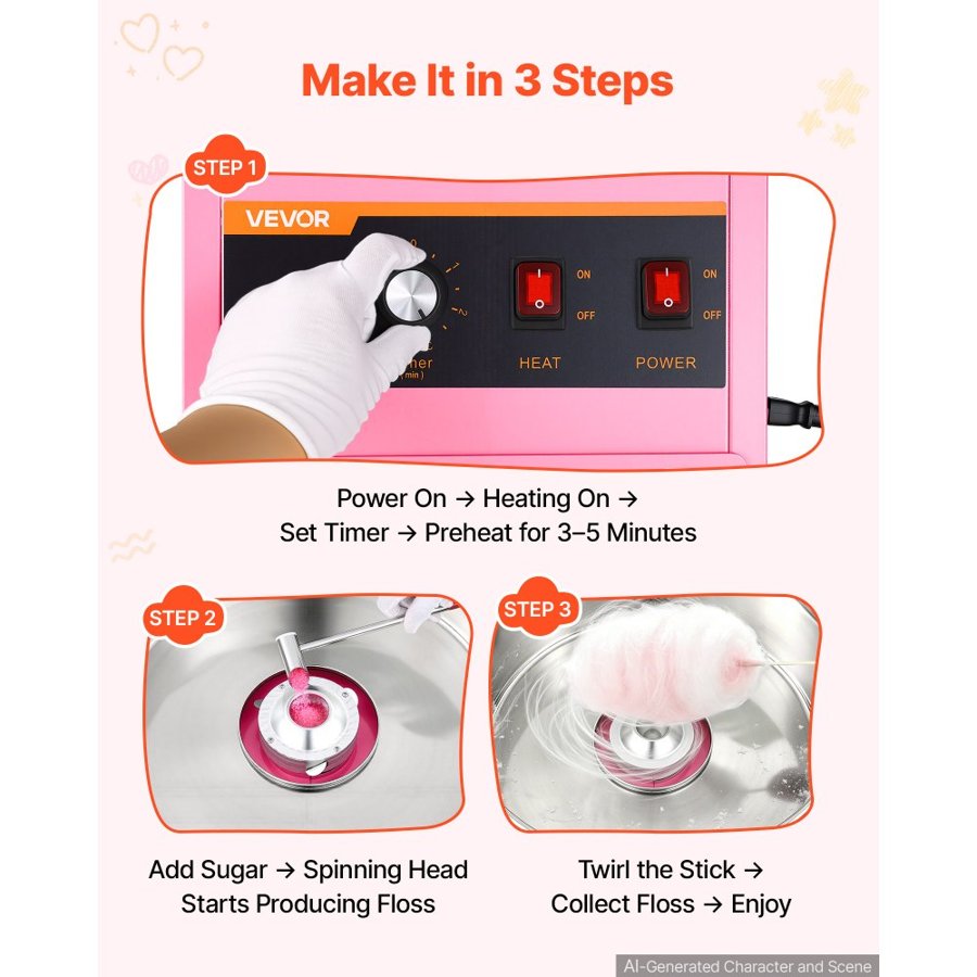 VEVOR Commercial Cotton Candy Machine – 1000W, 52 cm Bowl