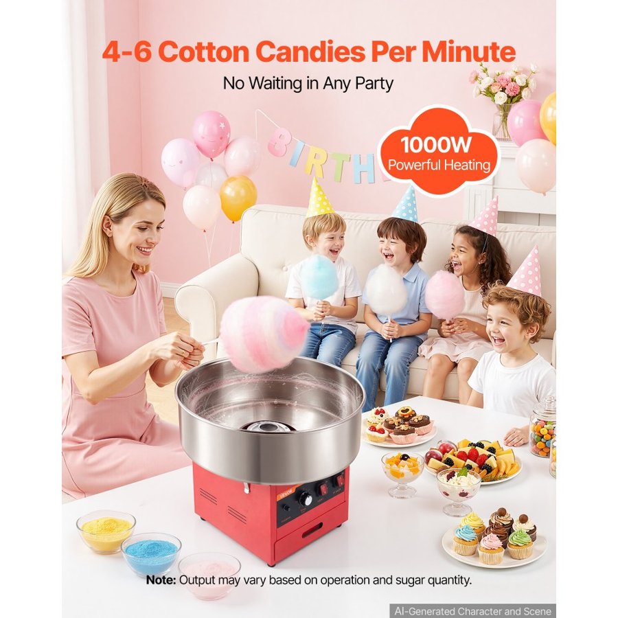 VEVOR Cotton Candy Machine Commercial 1000W Electric Candy Floss Maker Red, Ideal for Home, Carnival, Birthday, Family Party, Easy Use with 52 cm Stainless Steel Bowl, Storage Drawer, Sugar Scoop