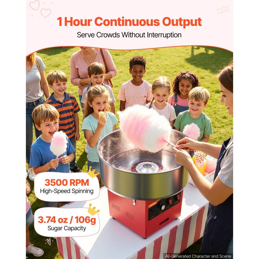 VEVOR Cotton Candy Machine Commercial 1000W Electric Candy Floss Maker Red, Ideal for Home, Carnival, Birthday, Family Party, Easy Use with 52 cm Stainless Steel Bowl, Storage Drawer, Sugar Scoop
