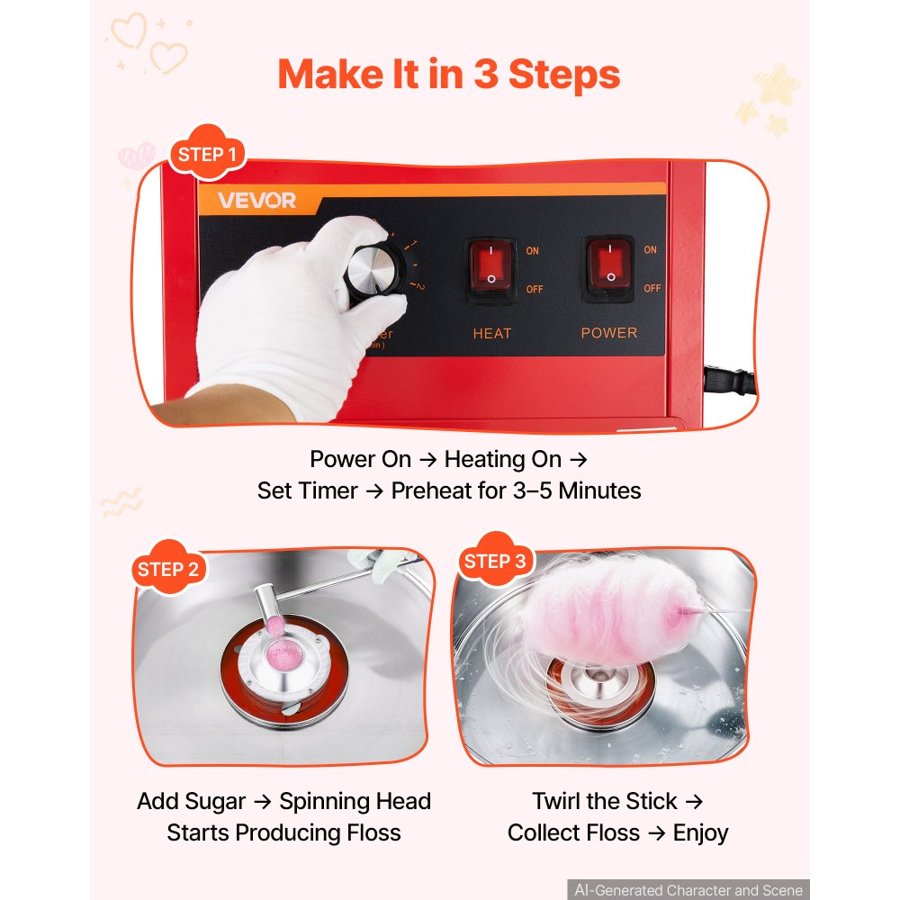 VEVOR Cotton Candy Machine Commercial 1000W Electric Candy Floss Maker Red, Ideal for Home, Carnival, Birthday, Family Party, Easy Use with 52 cm Stainless Steel Bowl, Storage Drawer, Sugar Scoop