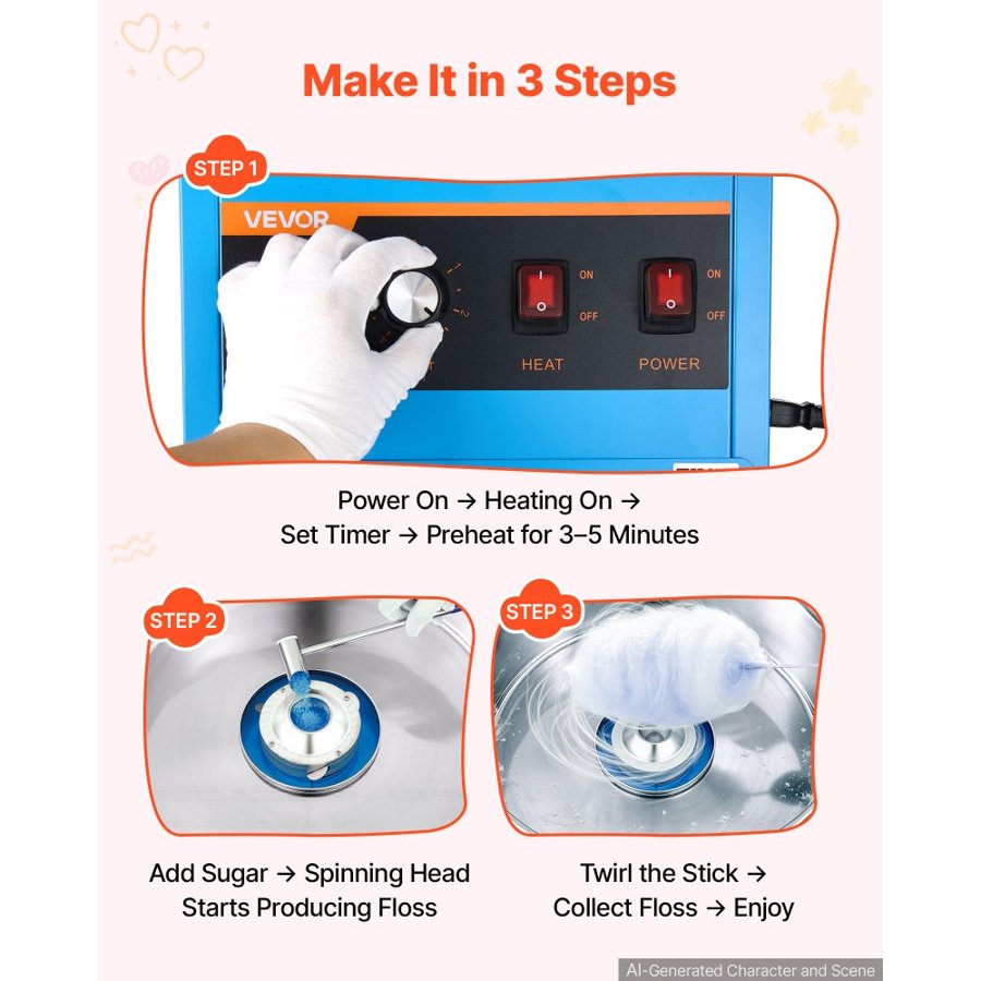 VEVOR Home Use Cotton Candy Machine – 1000W, 52 cm Bowl
