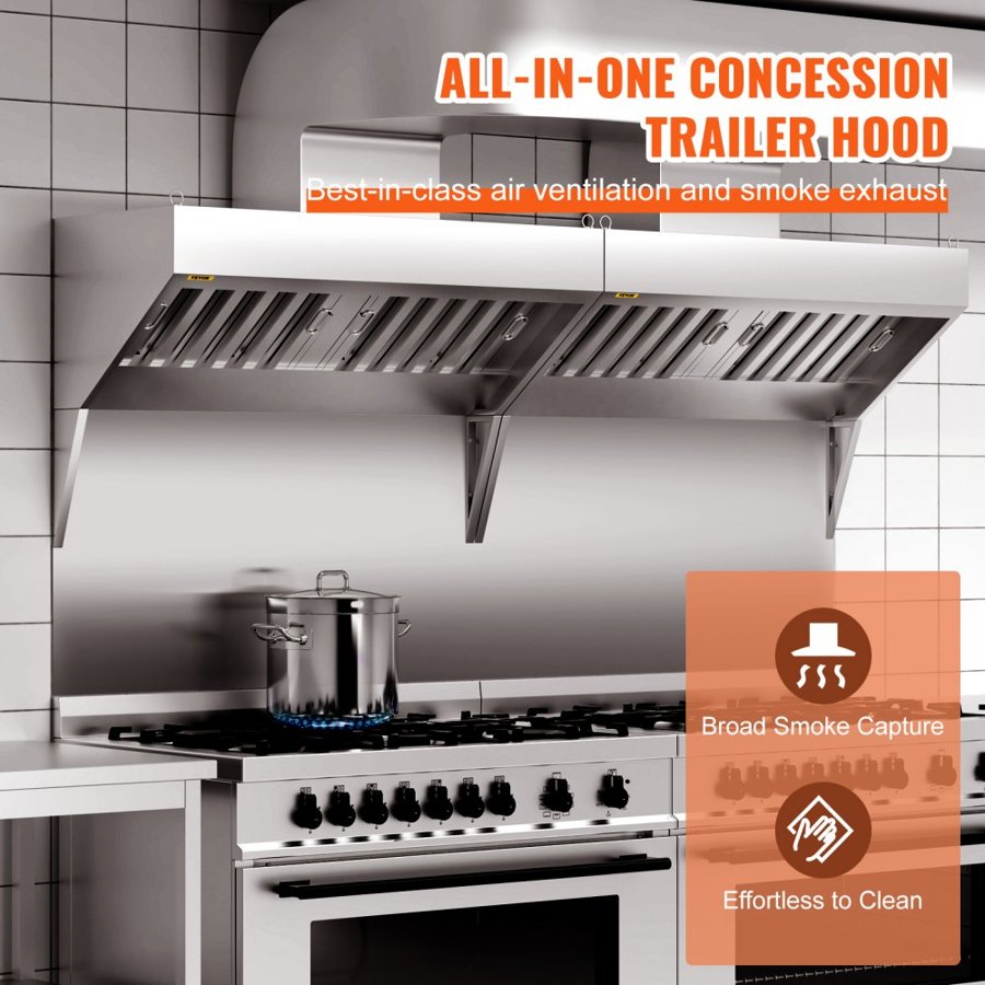 VEVOR Commercial Exhaust Hood, 4FT Food Truck Hood Exhaust, Stainless Steel Concession Trailer Hood, 2 Detachable U-shaped Grid Oil Filter Mesh, Rust Resistant Vent for Kitchen Restaurant (No Motor)