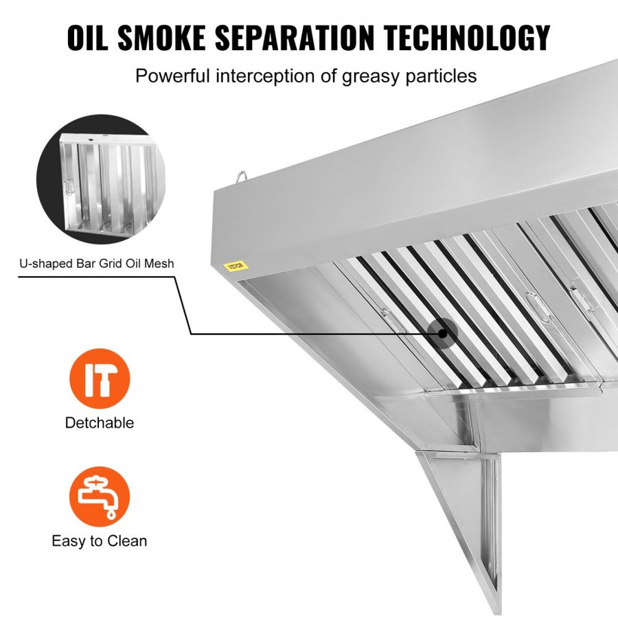 VEVOR Commercial Exhaust Hood, 4FT Food Truck Hood Exhaust, Stainless Steel Concession Trailer Hood, 2 Detachable U-shaped Grid Oil Filter Mesh, Rust Resistant Vent for Kitchen Restaurant (No Motor)