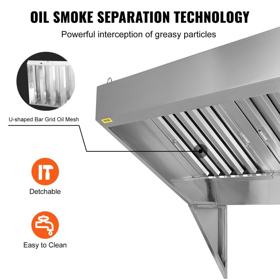 VEVOR Commercial Exhaust Hood, 6FT Food Truck Hood Exhaust, Stainless Steel Concession Trailer Hood, 3 Detachable U-shaped Grid Oil Filter Mesh, Rust Resistant Vent for Kitchen Restaurant (No Motor)
