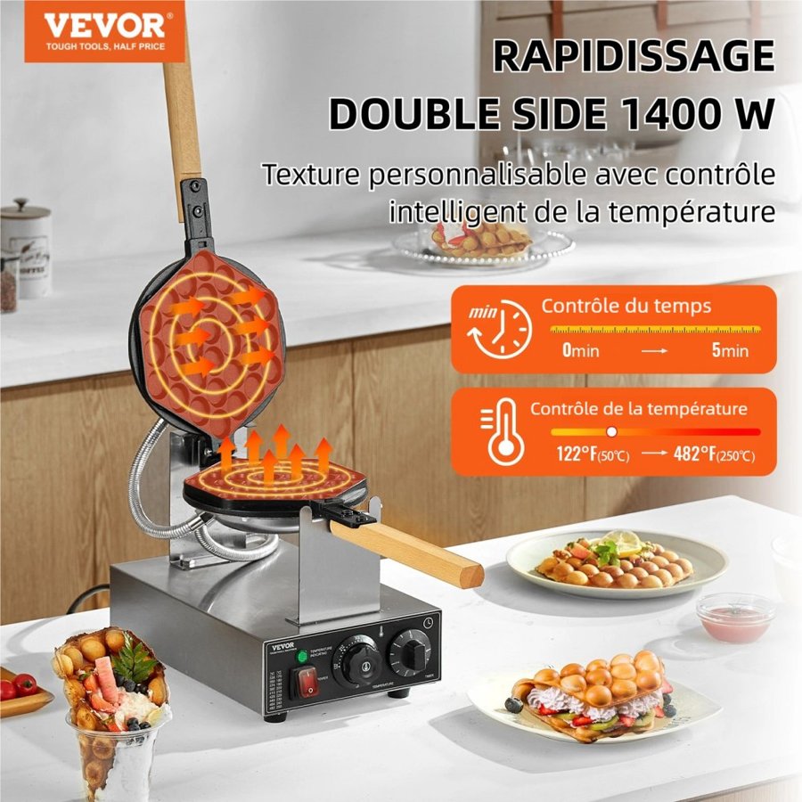 VEVOR Bubble Egg Waffle Maker – 180° Rotating, 1400W