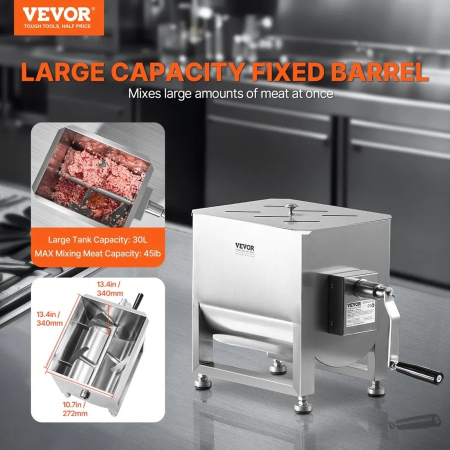 VEVOR Manual Meat Mixer, 60L Fixed Tank Meat Processing Equipment(Mixing Max 60LBS for Meat), Stainless Steel Meat Mixer, Sausage Mixer Machine with Lid Handle Gear Reducer, Ground Beef Hand Mixer