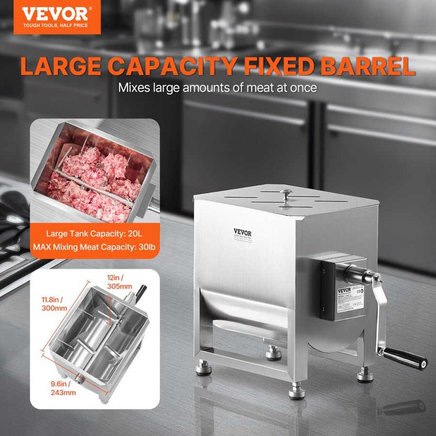 VEVOR Manual Meat Mixer, 30L Fixed Tank Meat Processing Equipment(Mixing Max 30LBS for Meat), Stainless Steel Meat Mixer, Sausage Mixer Machine with Lid Handle Gear Reducer, Ground Beef Hand Mixer