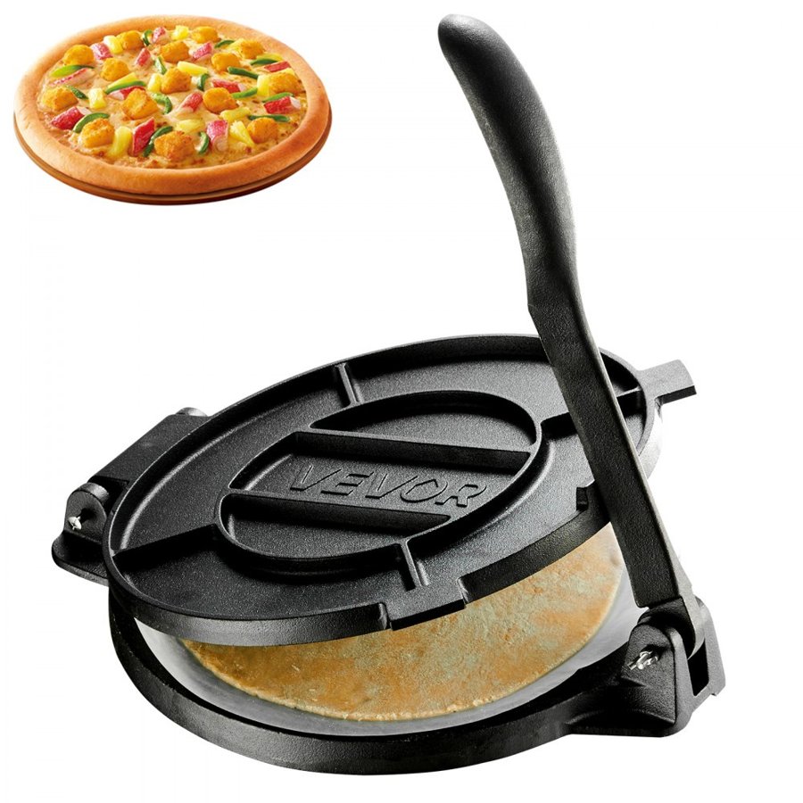 VEVOR Tortilla Press 30cm Cast Iron Roti Maker and Tortilladora Heavy Duty, Ideal for Homemade Flatbreads Kitchen, Restaurant, Bakery, Quesadilla Pataconera Press, with Handle, 50 Pcs Parchment Paper