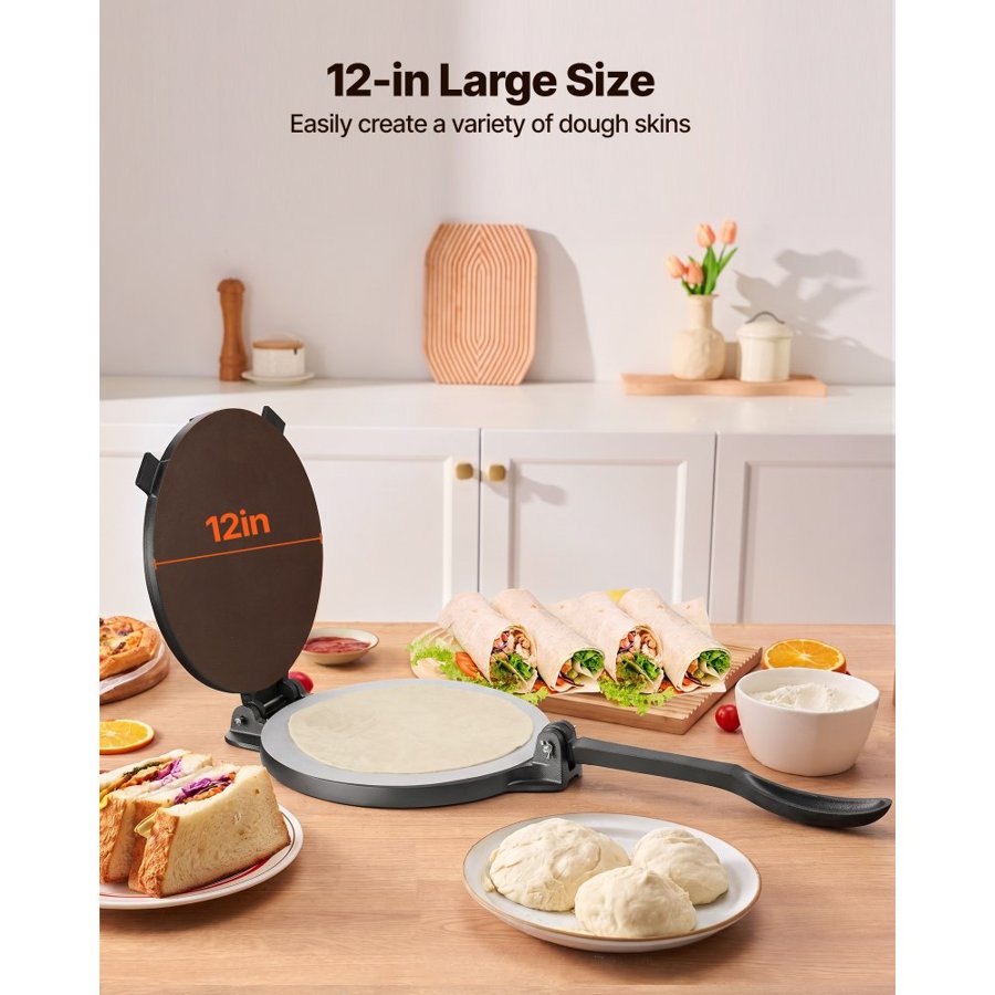 VEVOR Tortilla Press 30cm Cast Iron Roti Maker and Tortilladora Heavy Duty, Ideal for Homemade Flatbreads Kitchen, Restaurant, Bakery, Quesadilla Pataconera Press, with Handle, 50 Pcs Parchment Paper