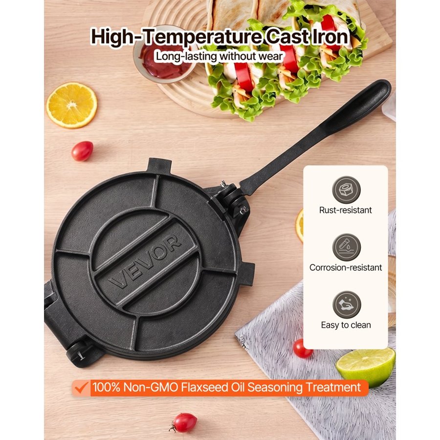 VEVOR Tortilla Press 30cm Cast Iron Roti Maker and Tortilladora Heavy Duty, Ideal for Homemade Flatbreads Kitchen, Restaurant, Bakery, Quesadilla Pataconera Press, with Handle, 50 Pcs Parchment Paper