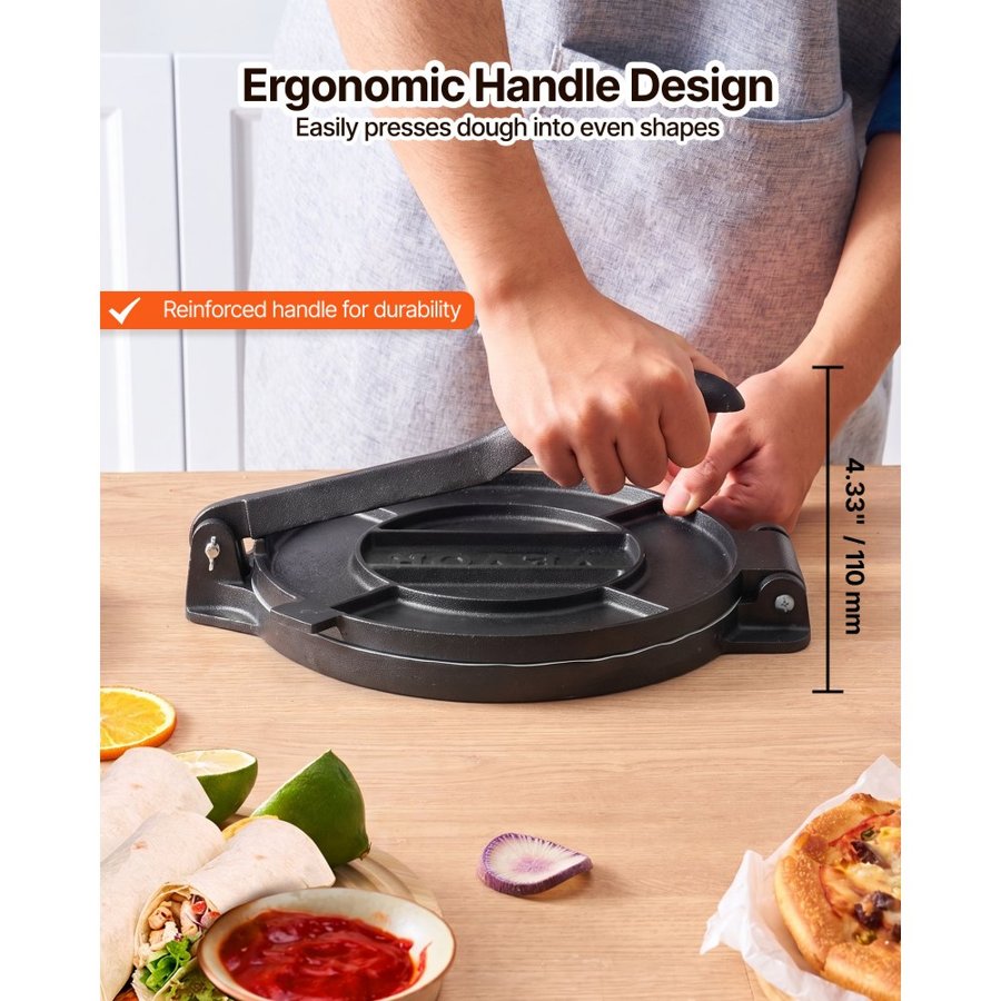 VEVOR Tortilla Press 30cm Cast Iron Roti Maker and Tortilladora Heavy Duty, Ideal for Homemade Flatbreads Kitchen, Restaurant, Bakery, Quesadilla Pataconera Press, with Handle, 50 Pcs Parchment Paper