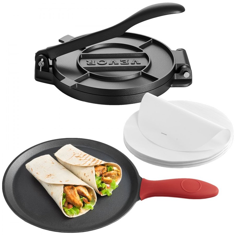 VEVOR Tortilla Press, 8 Inch Cast Iron Tortilla and Roti Maker, Heavy Duty Tortilladora Press, Pataconera Makers with Handle and 100 Pcs Parchment Paper, Dough Taco Press for Flour Tortilla, Tawa