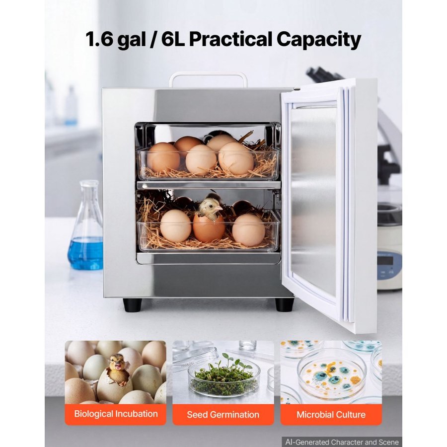 VEVOR Laboratory Incubator 1.6 Gal / 6 L Microbiological Lab Incubator, For Petri Dishes, Room Temp+5℃-65℃ Precise PID Temperature Control, Compact & Portable, Digital Panel, Constant Temperature