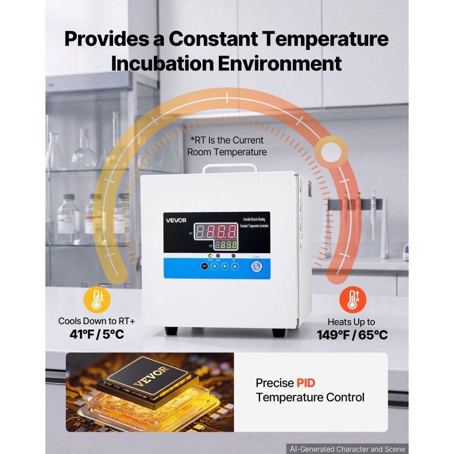 VEVOR Laboratory Incubator 1.6 Gal / 6 L Microbiological Lab Incubator, For Petri Dishes, Room Temp+5℃-65℃ Precise PID Temperature Control, Compact & Portable, Digital Panel, Constant Temperature