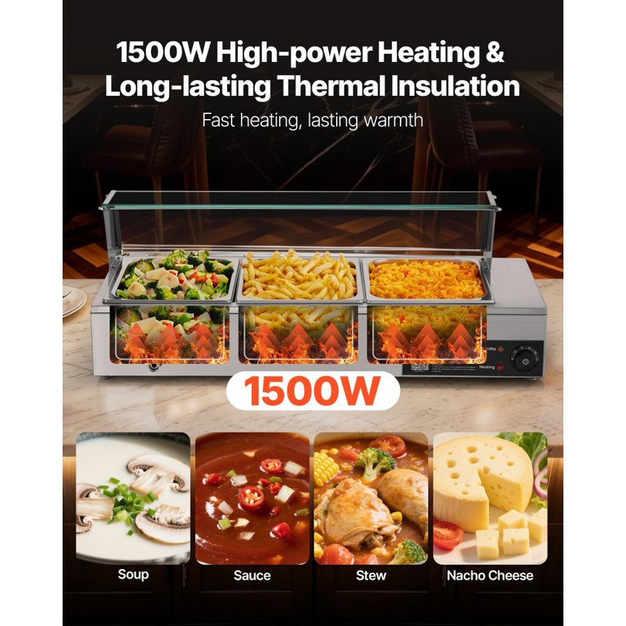 VEVOR Commercial Food Warmer, 1500W Electric Stainless Steel Steam Food Warmer with Glass Cover, Countertop Buffet Bain Marie with Three 1/2 Size Food Pans, for Catering, Restaurant, Party & Buffets
