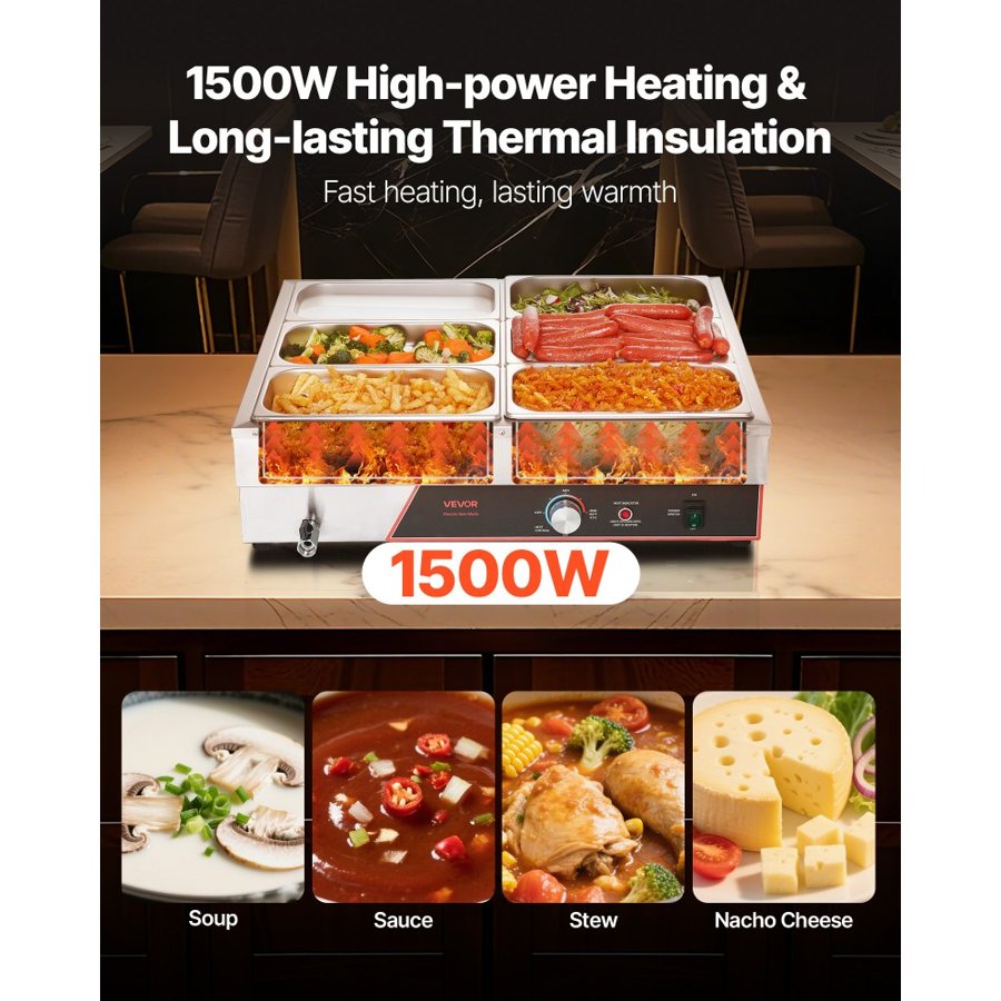 VEVOR Commercial Countertop Food Warmer – 1500W, 6-Pan