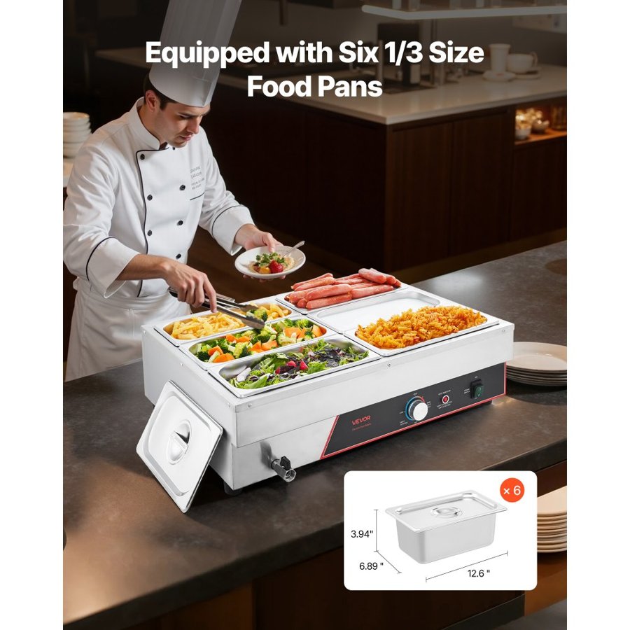 VEVOR Commercial Countertop Food Warmer – 1500W, 6-Pan