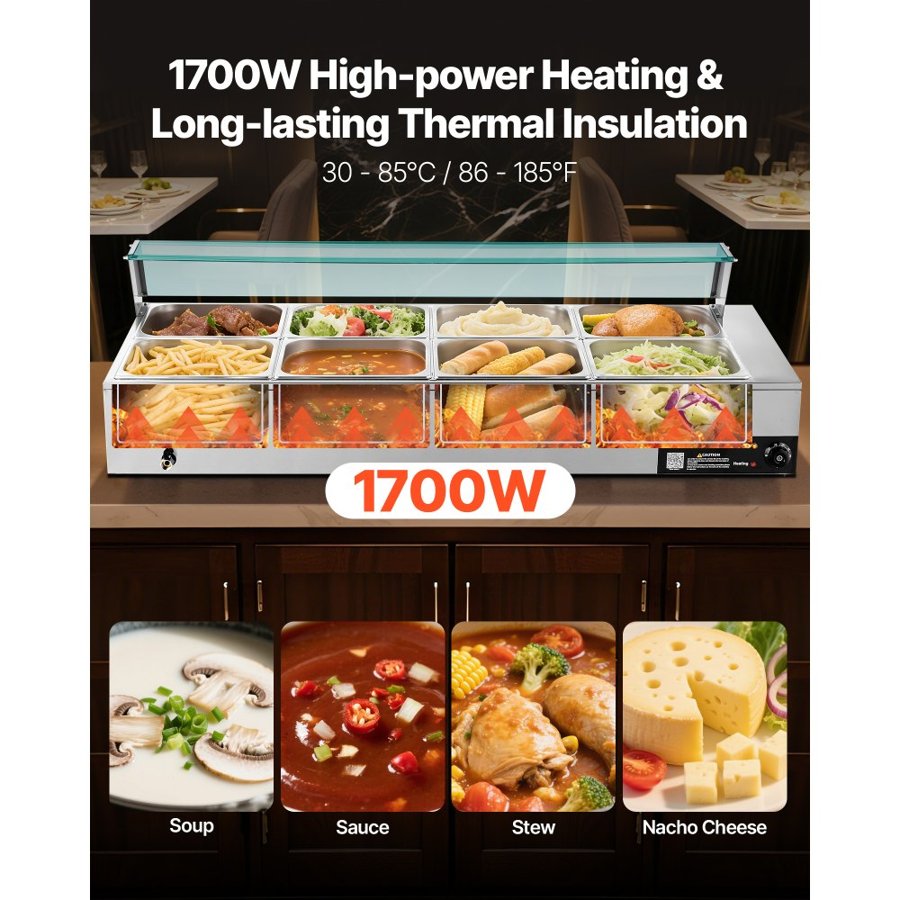 VEVOR Commercial Food Warmer, 1700W Electric Stainless Steel Steam Food Warmer with Glass Cover, 8-Pan Countertop Buffet Bain Marie with Soup & Perforated Ladles, for Catering, Restaurant & Party
