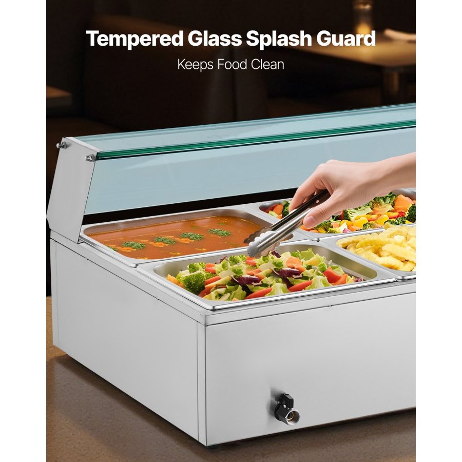 VEVOR Commercial Food Warmer, 1700W Electric Stainless Steel Steam Food Warmer with Glass Cover, 8-Pan Countertop Buffet Bain Marie with Soup & Perforated Ladles, for Catering, Restaurant & Party