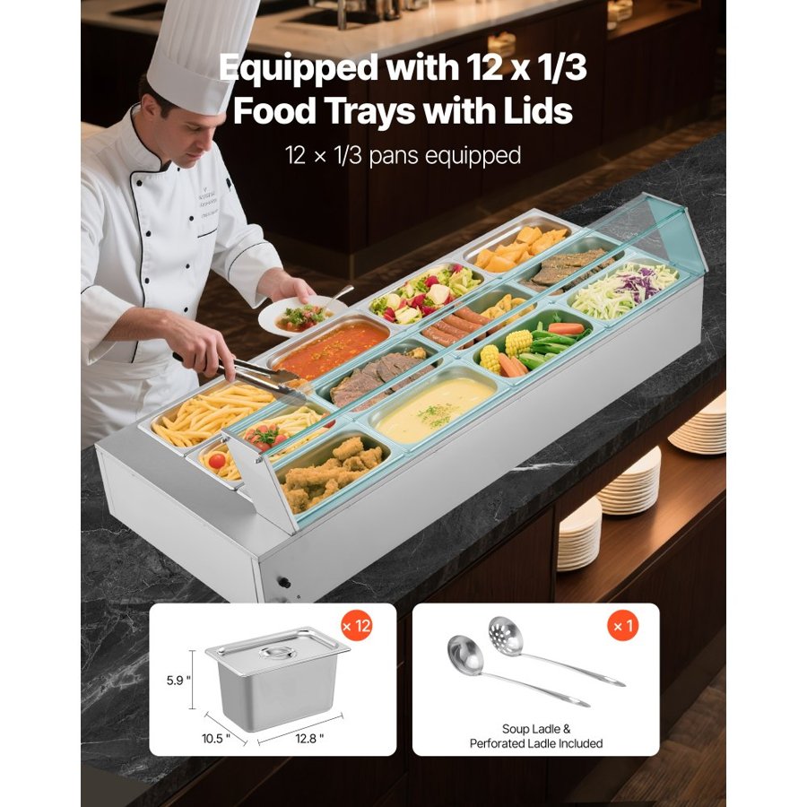 VEVOR Commercial Food Warmer, 1700W Electric Stainless Steel Steam Food Warmer with Glass Cover, 12-Pan Countertop Buffet Bain Marie with Soup & Perforated Ladles, for Catering, Restaurant & Party