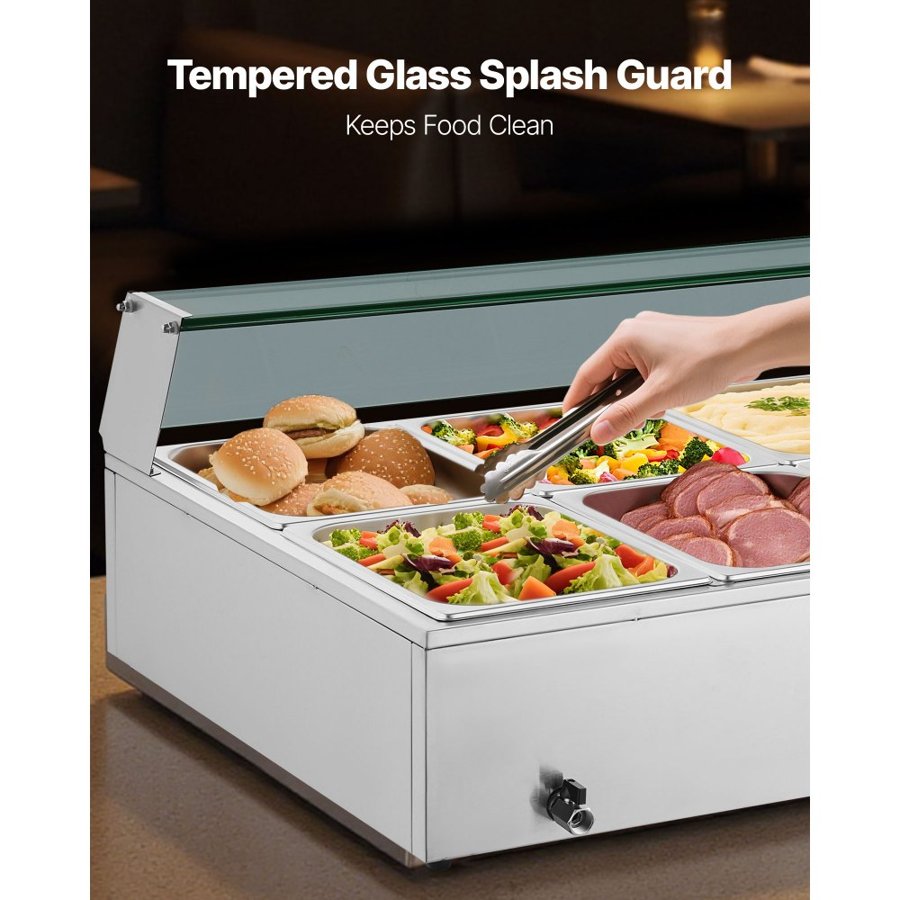VEVOR Commercial Food Warmer, 1700W Electric Stainless Steel Steam Food Warmer with Glass Cover, 10-Pan Countertop Buffet Bain Marie with Soup & Perforated Ladles, for Catering, Restaurant & Party