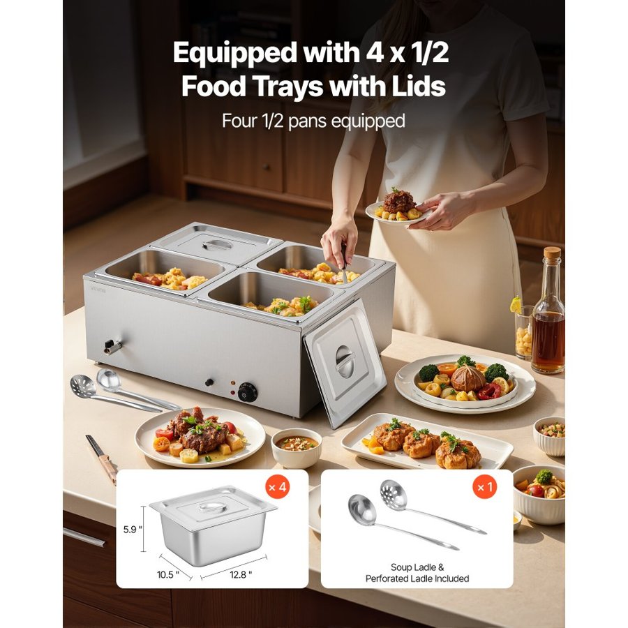 VEVOR Commercial Food Warmer, 1500W Electric Stainless Steel Steam Food Warmer with Lid, 4-Pan Fast Heating Countertop Buffet Bain Marie with Soup & Perforated Ladles, for Catering, Restaurant, Party