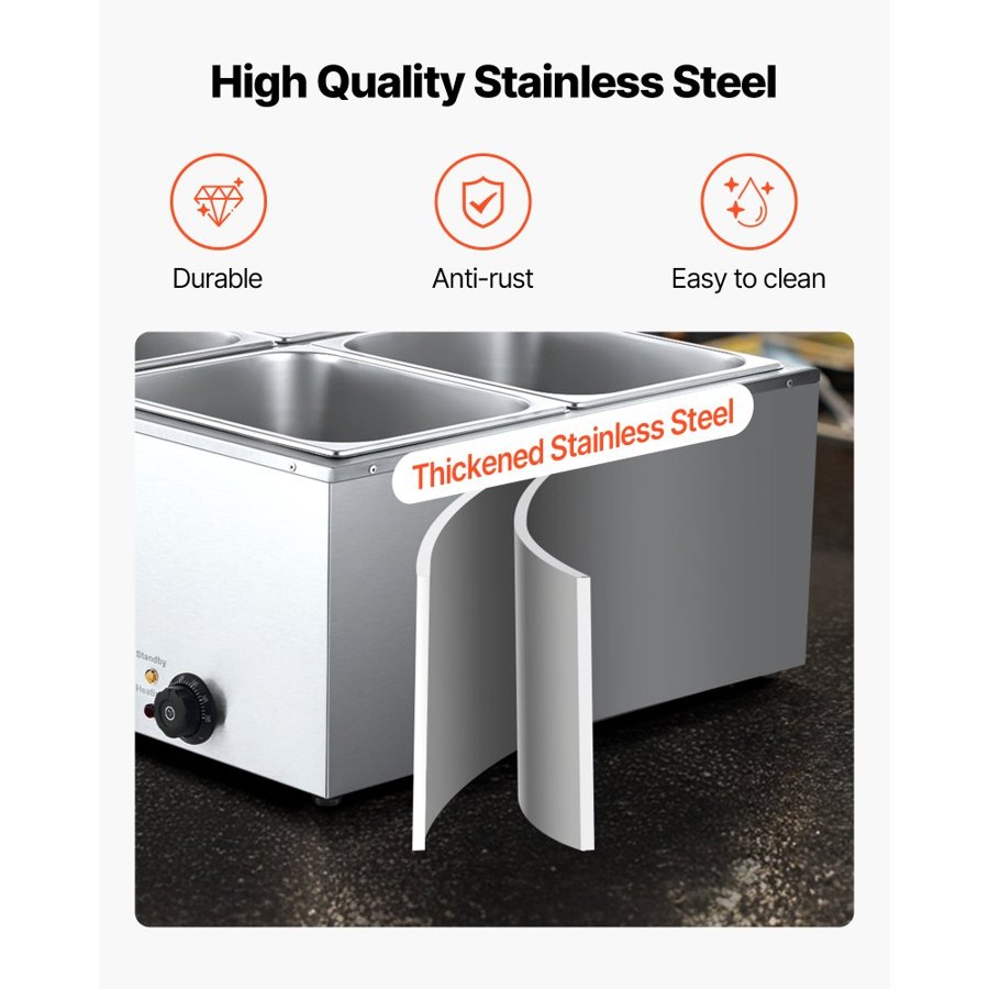 VEVOR Commercial Food Warmer, 1500W Electric Stainless Steel Steam Food Warmer with Lid, 4-Pan Fast Heating Countertop Buffet Bain Marie with Soup & Perforated Ladles, for Catering, Restaurant, Party