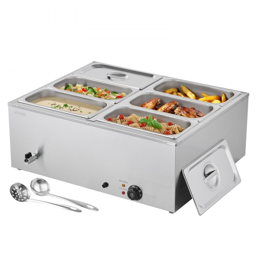 VEVOR Commercial Food Warmer, 1500W Electric Stainless Steel Steam Food Warmer with Lid, 6-Pan Fast Heating Countertop Buffet Bain Marie with Soup & Perforated Ladles, for Catering, Restaurant, Party