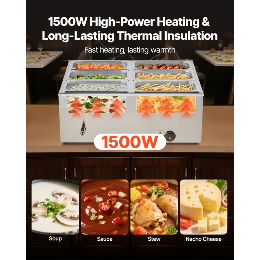 VEVOR Commercial Food Warmer, 1500W Electric Stainless Steel Steam Food Warmer with Lid, 6-Pan Fast Heating Countertop Buffet Bain Marie with Soup & Perforated Ladles, for Catering, Restaurant, Party
