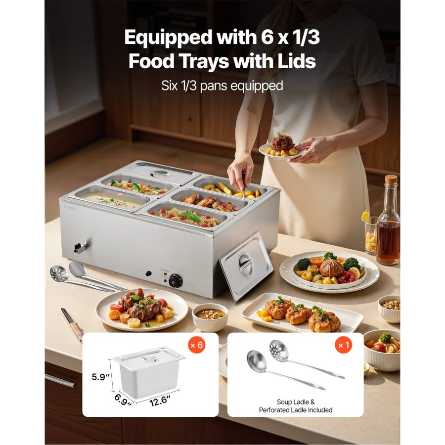 VEVOR Commercial Food Warmer, 1500W Electric Stainless Steel Steam Food Warmer with Lid, 6-Pan Fast Heating Countertop Buffet Bain Marie with Soup & Perforated Ladles, for Catering, Restaurant, Party