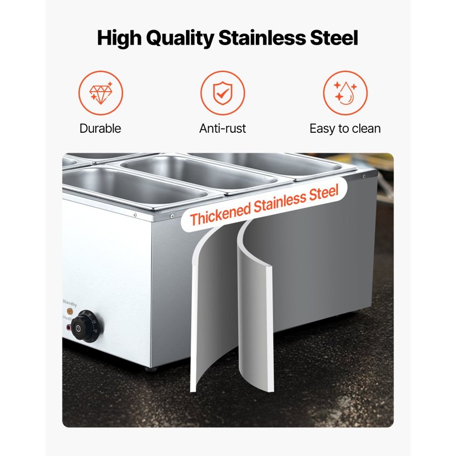 VEVOR Commercial Food Warmer, 1500W Electric Stainless Steel Steam Food Warmer with Lid, 6-Pan Fast Heating Countertop Buffet Bain Marie with Soup & Perforated Ladles, for Catering, Restaurant, Party