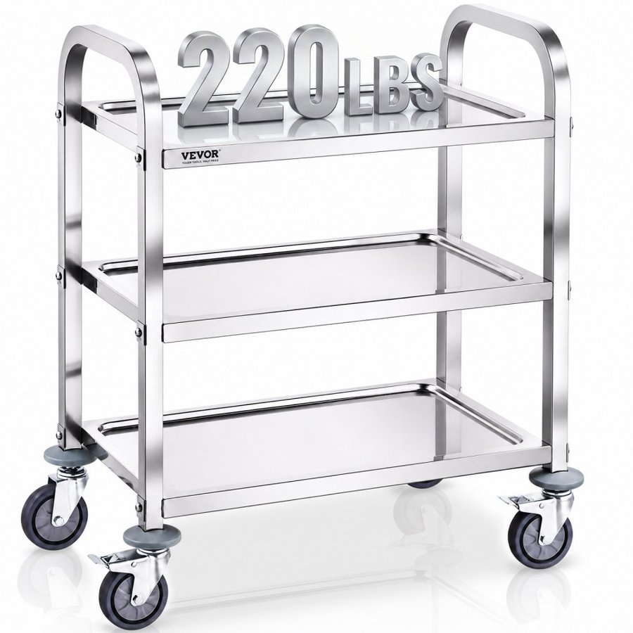 VEVOR Stainless Steel Cart, 3 Layers Lab Utility Cart 181.4kg Weight Capacity, Medical Cart with Lockable Universal Wheels, for Lab, Clinic, Kitchen, Salon