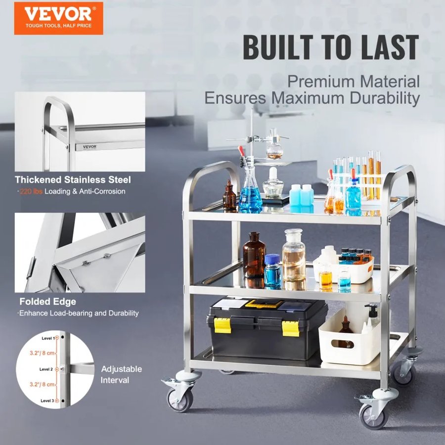 VEVOR Stainless Steel Cart, 3 Layers Lab Utility Cart 181.4kg Weight Capacity, Medical Cart with Lockable Universal Wheels, for Lab, Clinic, Kitchen, Salon