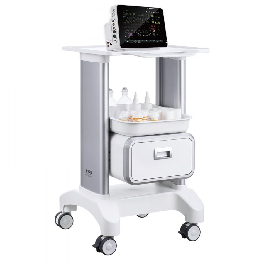 VEVOR 2 Tiers Lab Carts, Lab Utility Cart with 1 Drawer & 1 Top Tray, Mobile Medical Cart with ABS Material, Lab Rolling Cart with 4 Silent Wheels for Lab, Clinic, Hospital, Salon, White