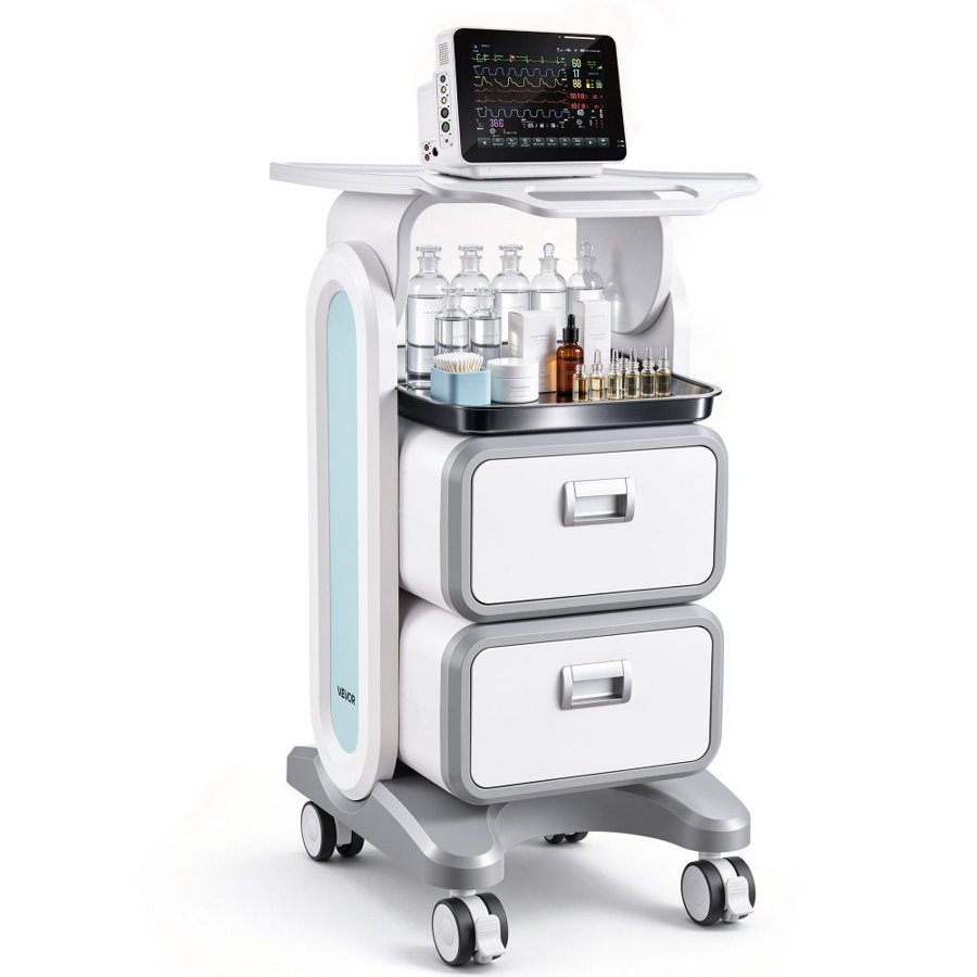 VEVOR 3 Tiers Lab Carts, Lab Utility Cart with 2 Drawers & 1 Top Tray, Mobile Medical Cart with ABS Material, Lab Rolling Cart with 4 Silent Wheels for Lab, Clinic, Hospital, Salon, White