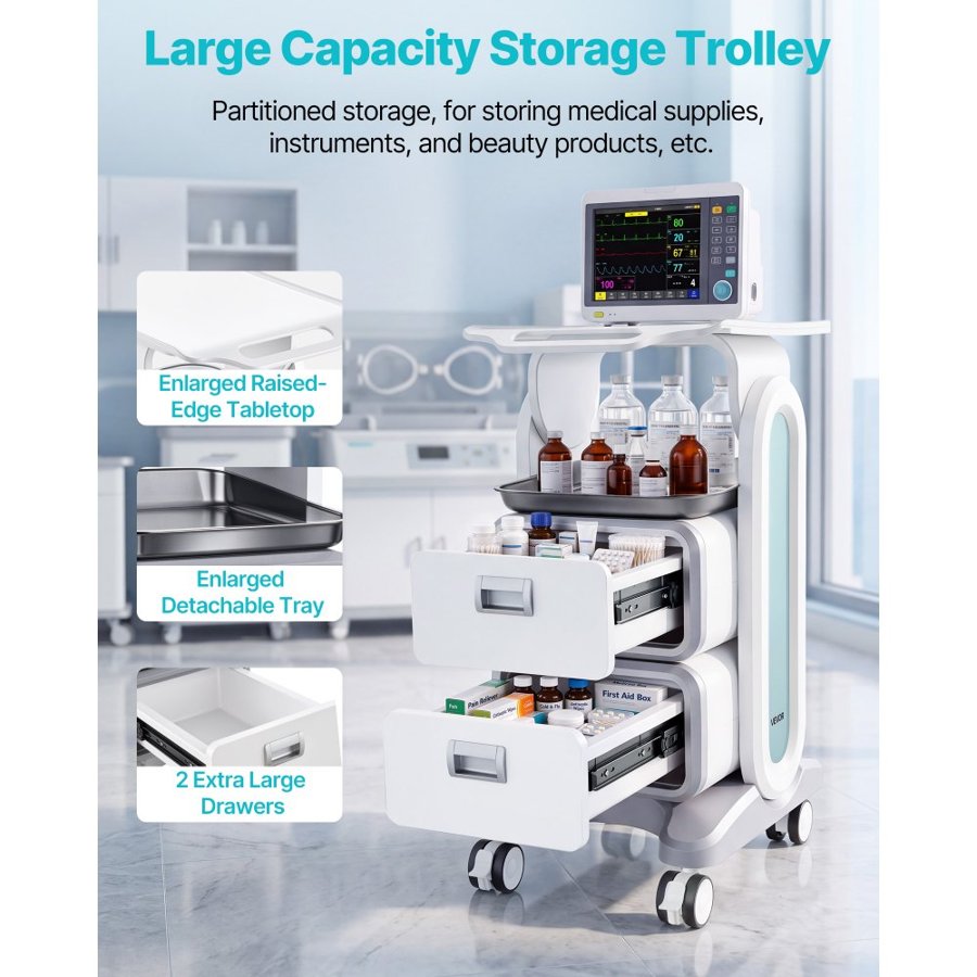 VEVOR 3 Tiers Lab Carts, Lab Utility Cart with 2 Drawers & 1 Top Tray, Mobile Medical Cart with ABS Material, Lab Rolling Cart with 4 Silent Wheels for Lab, Clinic, Hospital, Salon, White