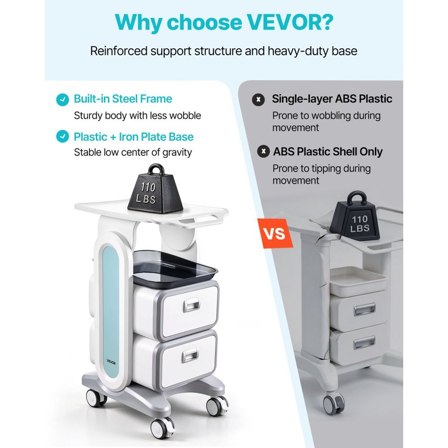 VEVOR 3 Tiers Lab Carts, Lab Utility Cart with 2 Drawers & 1 Top Tray, Mobile Medical Cart with ABS Material, Lab Rolling Cart with 4 Silent Wheels for Lab, Clinic, Hospital, Salon, White