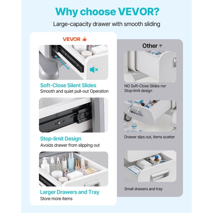 VEVOR 3 Tiers Lab Carts, Lab Utility Cart with 2 Drawers & 1 Top Tray, Mobile Medical Cart with ABS Material, Lab Rolling Cart with 4 Silent Wheels for Lab, Clinic, Hospital, Salon, White