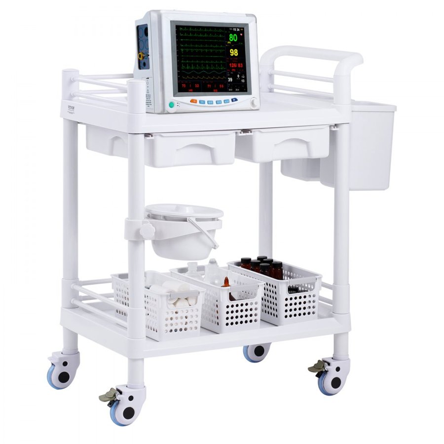 VEVOR 2 Tiers Lab Carts, Lab Utility Cart with 2 Trays, 2 Drawers & 4 Silent Wheels, Mobile Medical Cart with PP Material, Lab Rolling Cart with 3 Trash Cans for Lab, Clinic, Hospital, Salon, White