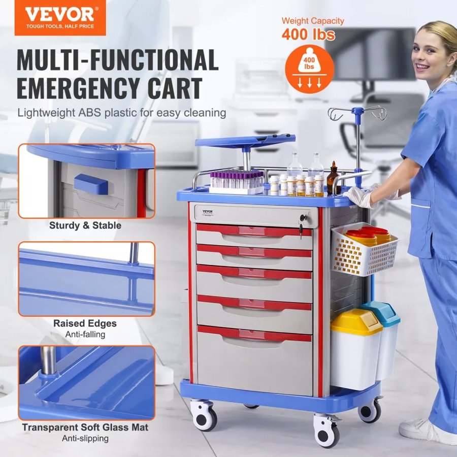 VEVOR 5 Tiers Lab Carts, Lab Utility Cart with 5 Drawers & 4 Silent Wheels, Mobile Medical Cart with PP Material, Lab Rolling Cart with 2 Trash Cans for Lab, Clinic, Hospital, Salon, Blue