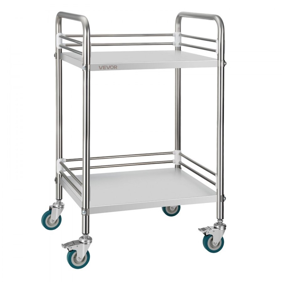 VEVOR Stainless Steel Cart, 2-Tier Rolling Lab Utility Cart with Lockable Wheels, Medical Serving Trolley Clinic Tray, Heavy Duty Mobile Service Storage Tray for Hospital, Restaurant, Kitchen, Salon