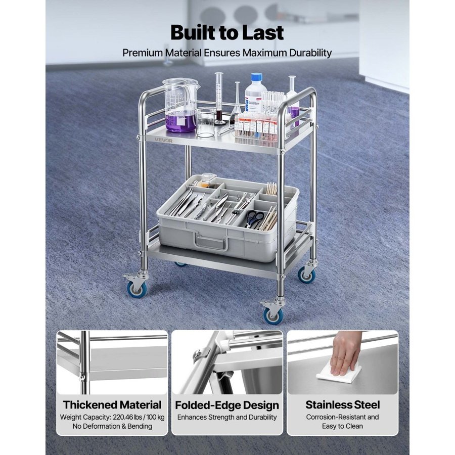 VEVOR Stainless Steel Cart, 2-Tier Rolling Lab Utility Cart with Lockable Wheels, Medical Serving Trolley Clinic Tray, Heavy Duty Mobile Service Storage Tray for Hospital, Restaurant, Kitchen, Salon
