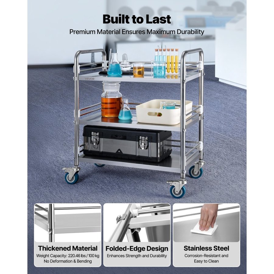 VEVOR Stainless Steel Cart, 3-Tier Rolling Lab Utility Cart with Lockable Wheels, Medical Serving Trolley Clinic Tray, Heavy Duty Mobile Service Storage Tray for Hospital, Restaurant, Kitchen, Salon