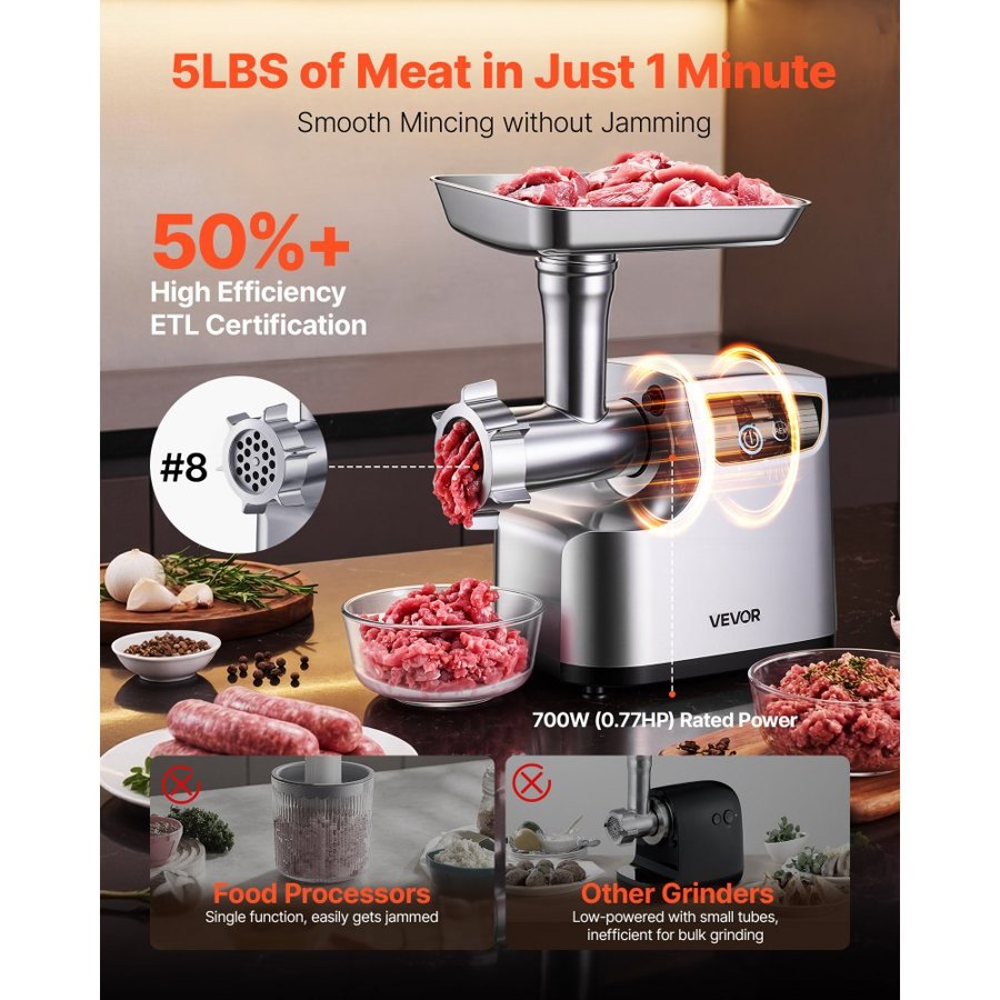 VEVOR #8 Electric Meat Grinder – 700W, 2.3 kg/Min, 3 Plates
