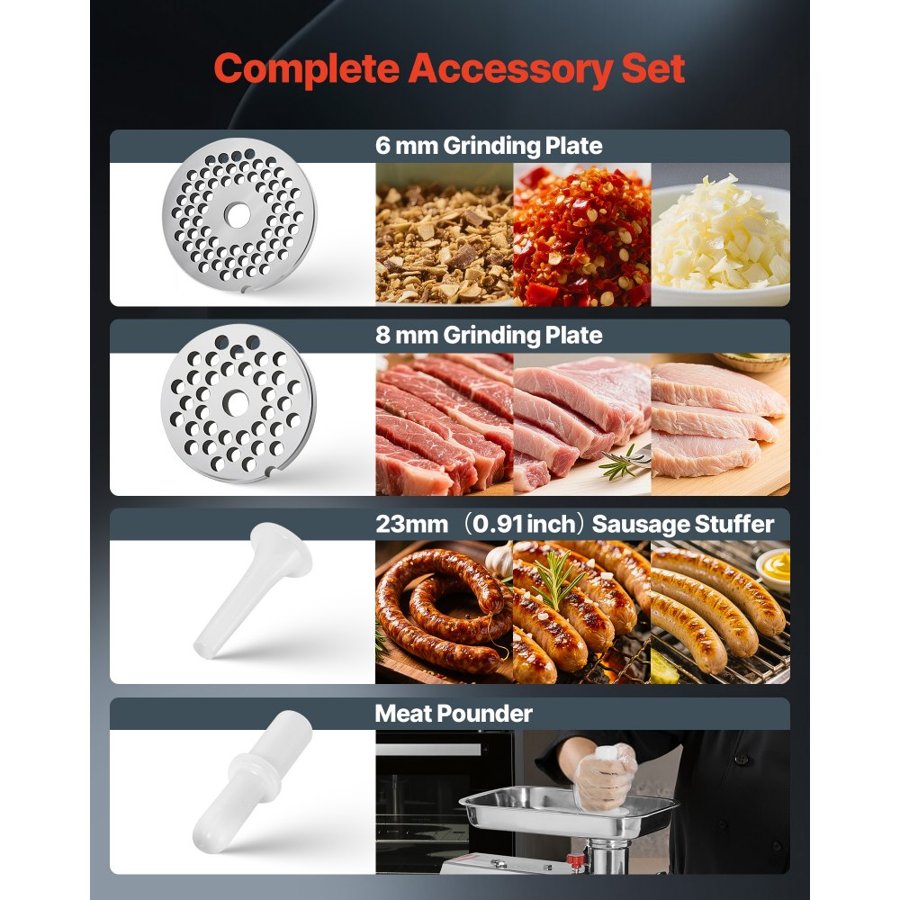 VEVOR Commercial Electric Meat Grinder, 4.2 kg/min Capacity, #22 Industrial Meat Mincer with 2 Stainless Steel Blades, 2 Grinding Plates, 1100W Heavy-Duty Sausage Maker, for Kitchen, Restaurant