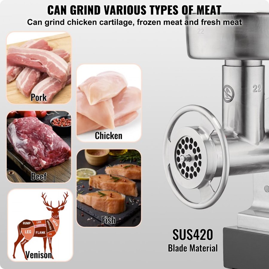 VEVOR Meat Grinder, 14 Lbs/Min Capacity Electric Meat Grinders with Blade, Grinding Plate, Sausage Maker, Stainless Steel Commercial Meat Mincer for Kitchen Restaurant Butcher Store