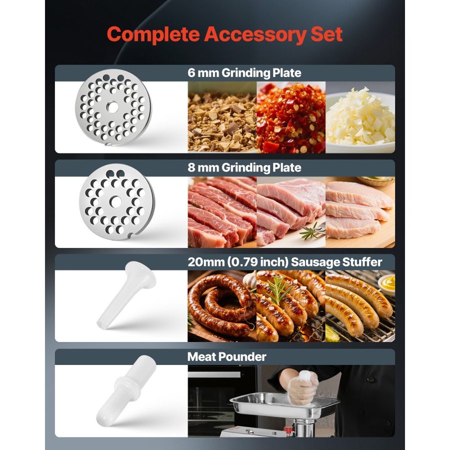 VEVOR Commercial Electric Meat Grinder, 3.2 kg/min Capacity, #12 Industrial Meat Mincer with 2 Stainless Steel Blades, 2 Grinding Plates, 850W Heavy-Duty Sausage Maker, for Kitchen, Restaurant