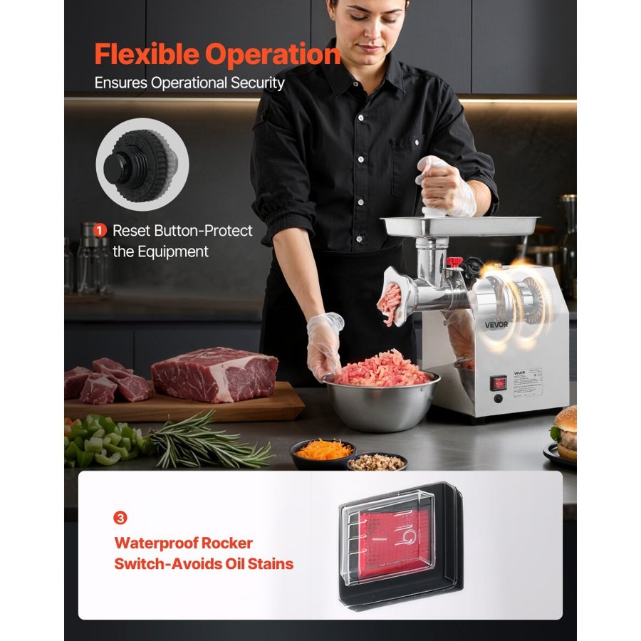 VEVOR Commercial Electric Meat Grinder, 3.2 kg/min Capacity, #12 Industrial Meat Mincer with 2 Stainless Steel Blades, 2 Grinding Plates, 850W Heavy-Duty Sausage Maker, for Kitchen, Restaurant