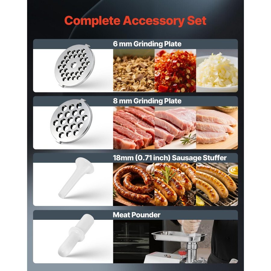 VEVOR Commercial Electric Meat Grinder, 2.27 kg/min Capacity, #8 Industrial Meat Mincer with 2 Stainless Steel Blades, 2 Grinding Plates, 600W Heavy-Duty Sausage Maker, for Kitchen, Restaurant